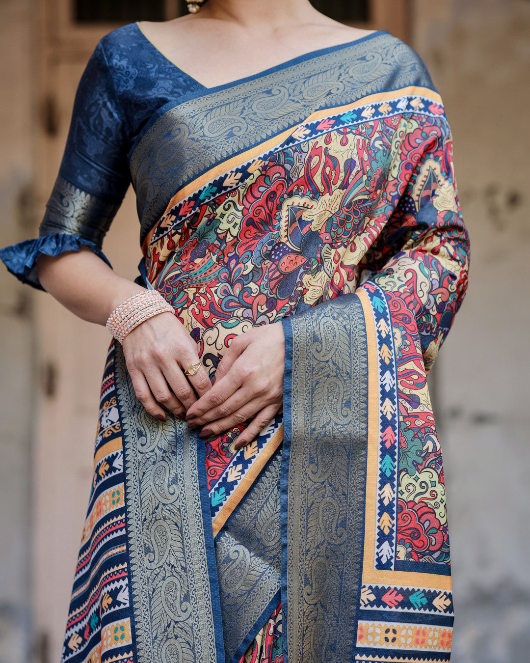 Multi Digital Kalamkari Printed Tussar Silk Saree With Zari Motif Border