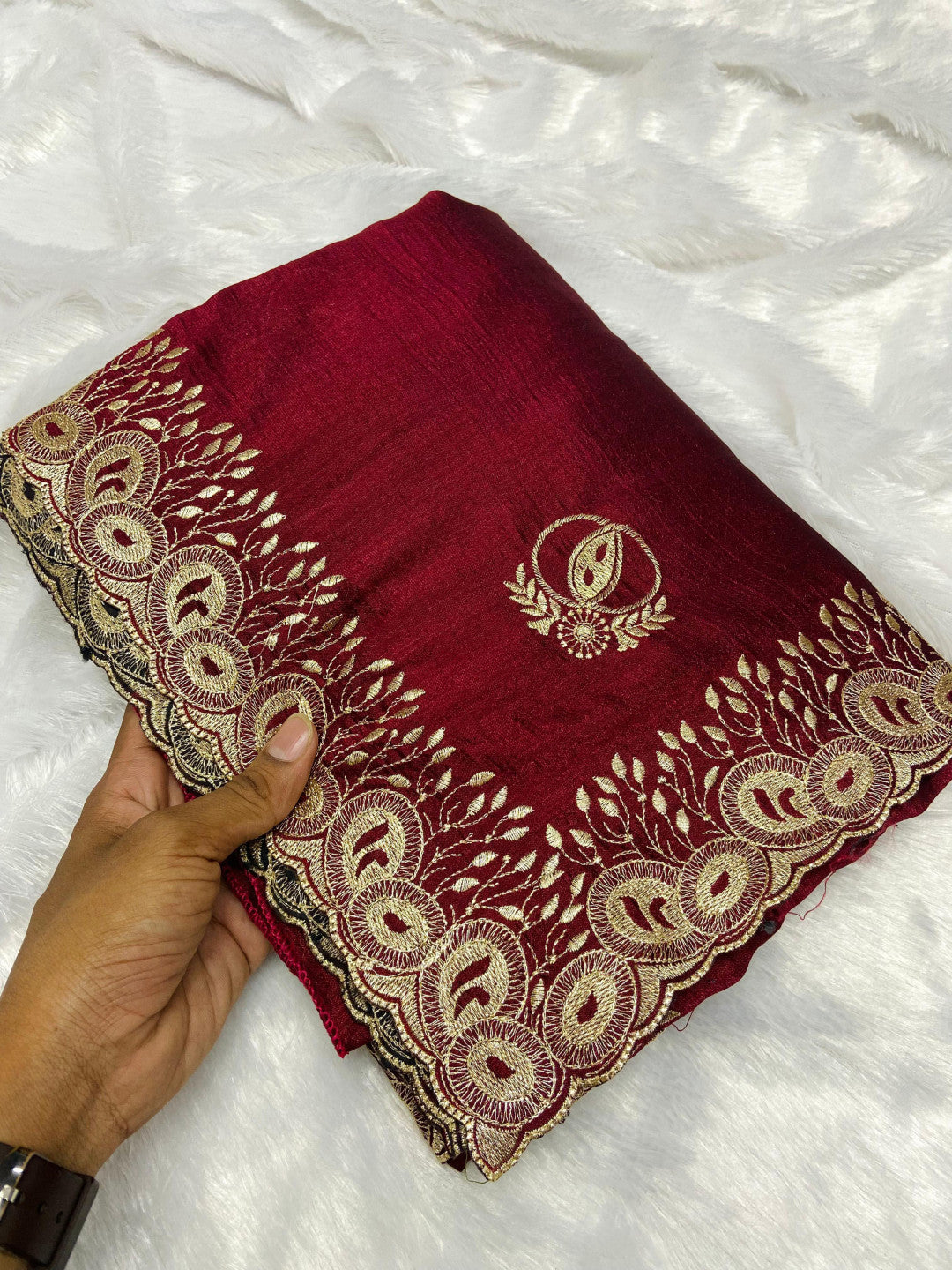 Fancy Maroon Color Vichitra Silk Saree With Beautiful Cutwork & Embroidery Border