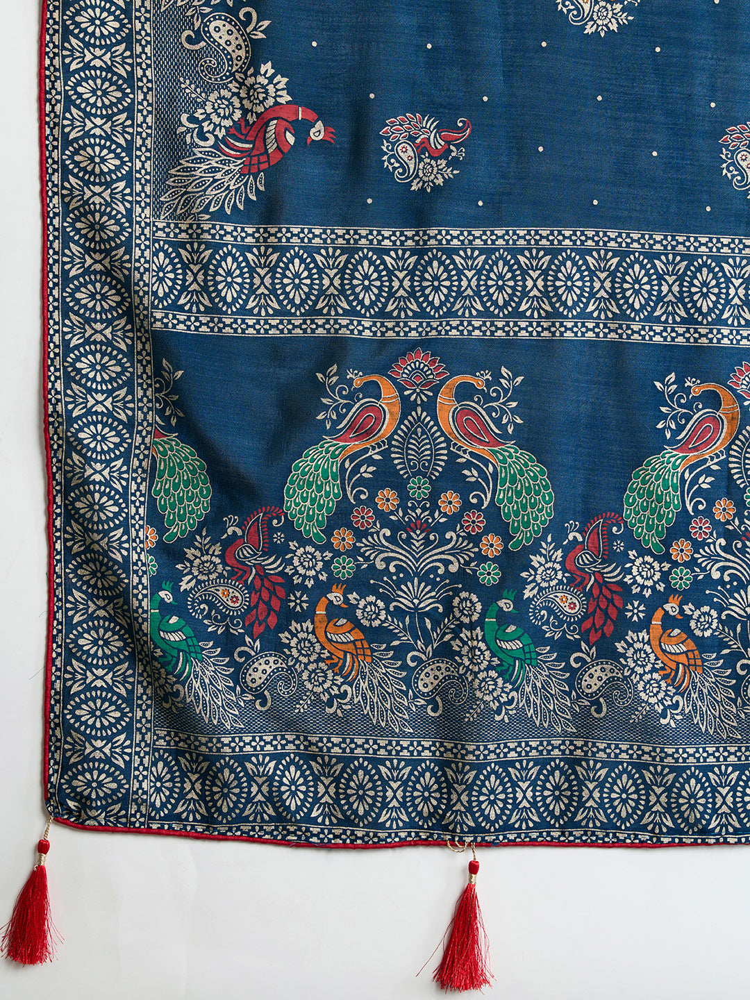Navy Blue Cotton Saree With Table Printed And Foil Work With Pipeing Border