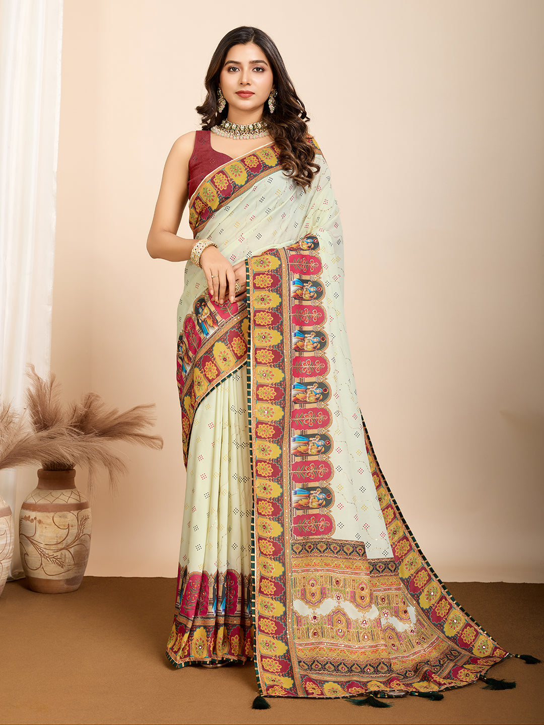 Pista Green Fancy Muslin Cotton Saree With Digital Printed Work