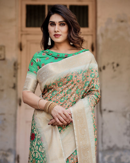 Multi Kalamkari Digital Printed Dola Silk Saree With Gold Zari Border