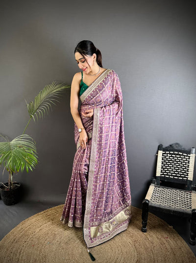 Lavender Traditional Blooming Vichitra Khadi Bandhej Silk Saree With Sequence Work