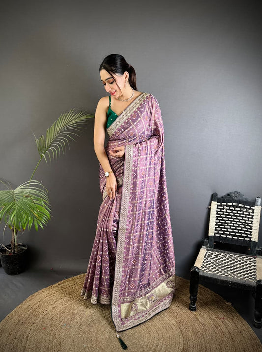 Lavender Traditional Blooming Vichitra Khadi Bandhej Silk Saree With Sequence Work