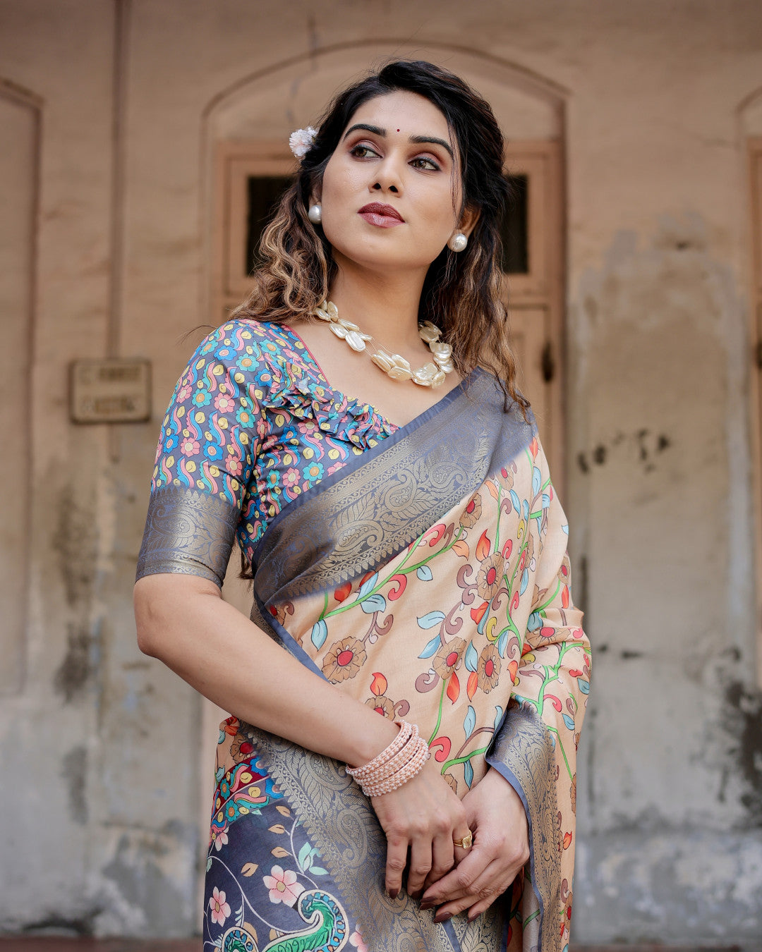 Multi Kalamkari Digital Printed Dola Silk Saree With Gold Zari Border