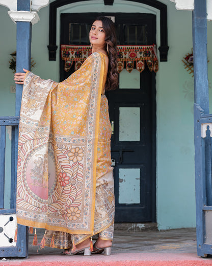 Kalamkari Digital Printed Linen Cotton Saree