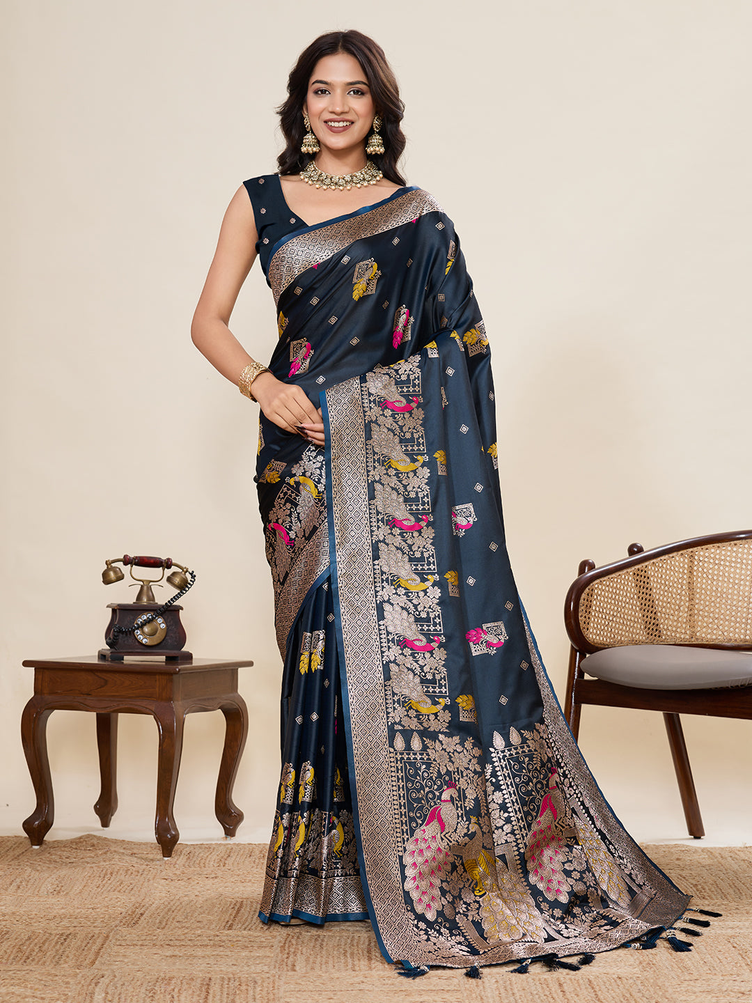 Navy Blue Soft Satin Silk Saree With Zari Weaving Work And Paithani Pallu