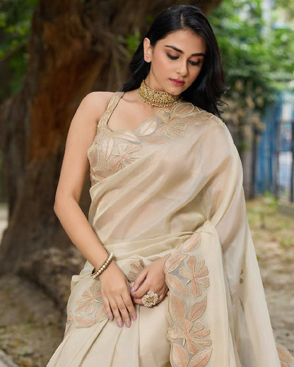 Beige Organza Silk Saree With Sequence Embroidery With Beautiful Cutting Border