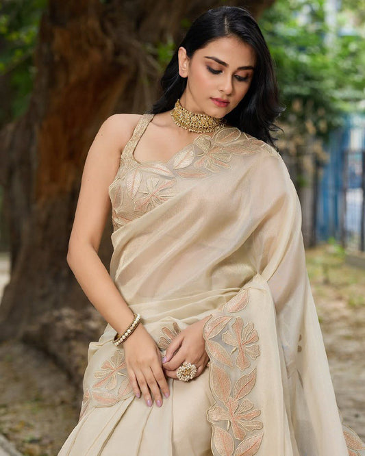 Beige Organza Silk Saree With Sequence Embroidery With Beautiful Cutting Border
