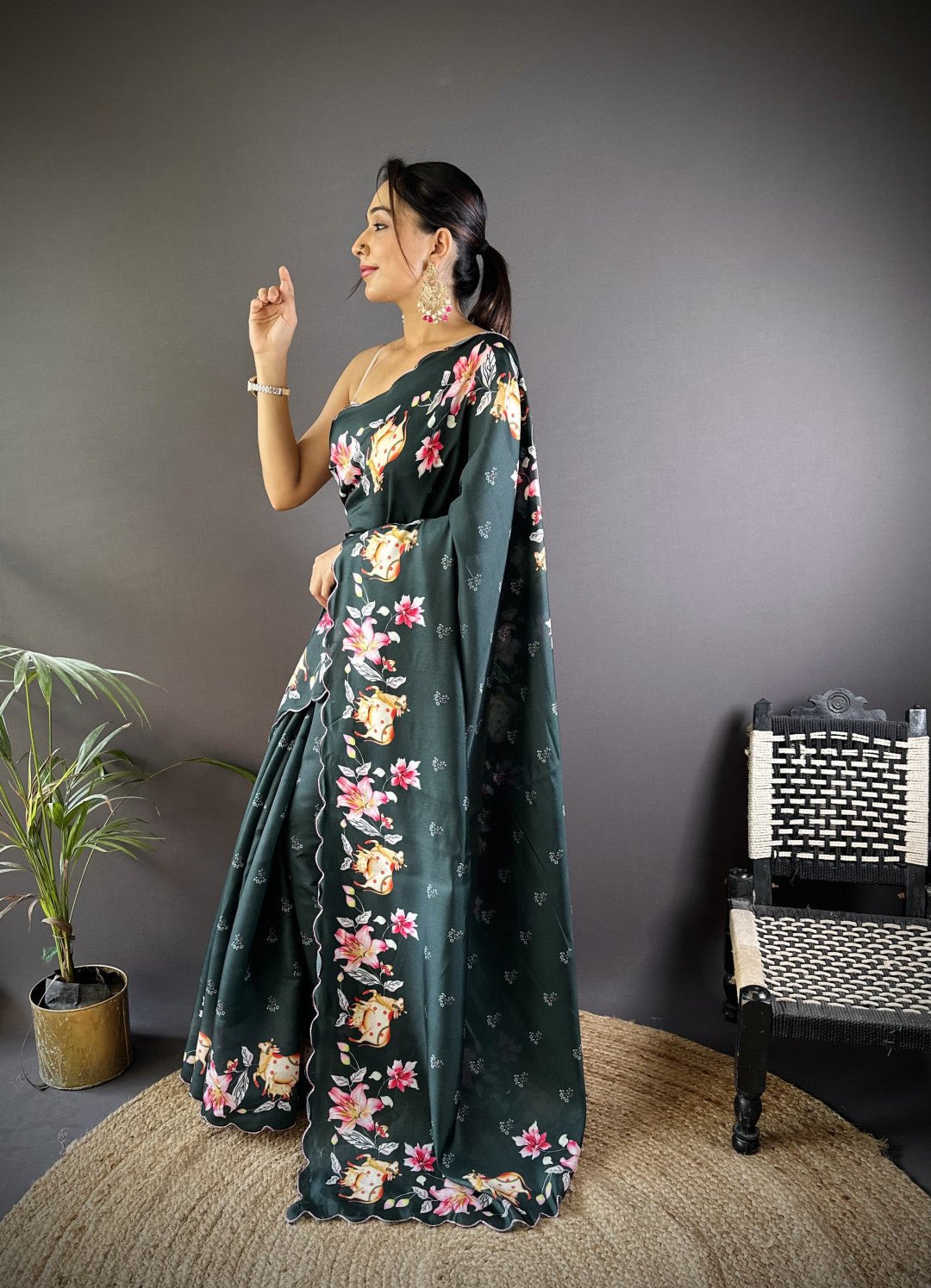 Green Gadhwal Silk Saree With Pichwai Print And Embroidery Cut Work