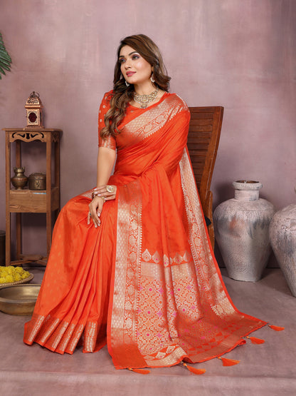Orange Premium Dola Silk Saree With Meenakari Weaving Work