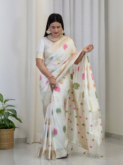 White Khaddi Georgette Banarasi Saree With Meenakari Weaving Work