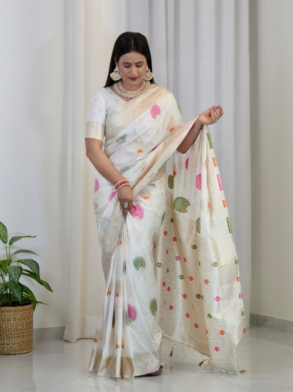 White Khaddi Georgette Banarasi Saree With Meenakari Weaving Work