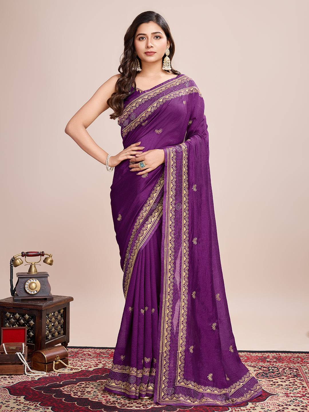 Fancy Magenta Soft Vichitra Silk Saree With Embroidery Work