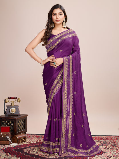Fancy Magenta Soft Vichitra Silk Saree With Embroidery Work