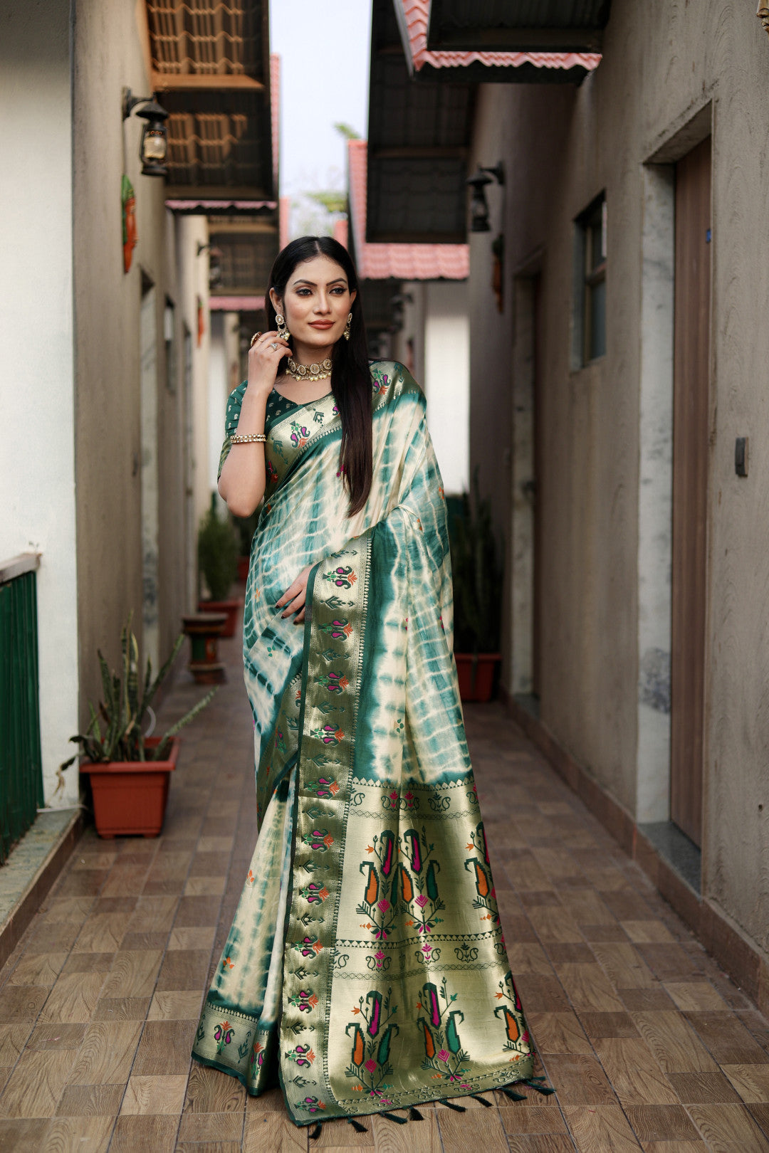 Green Color Dola Silk Saree With Shibori Print & Zari Weaving Work