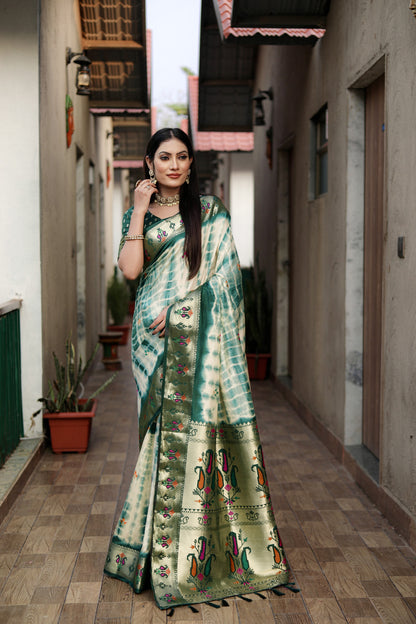 Green Color Dola Silk Saree With Shibori Print & Zari Weaving Work