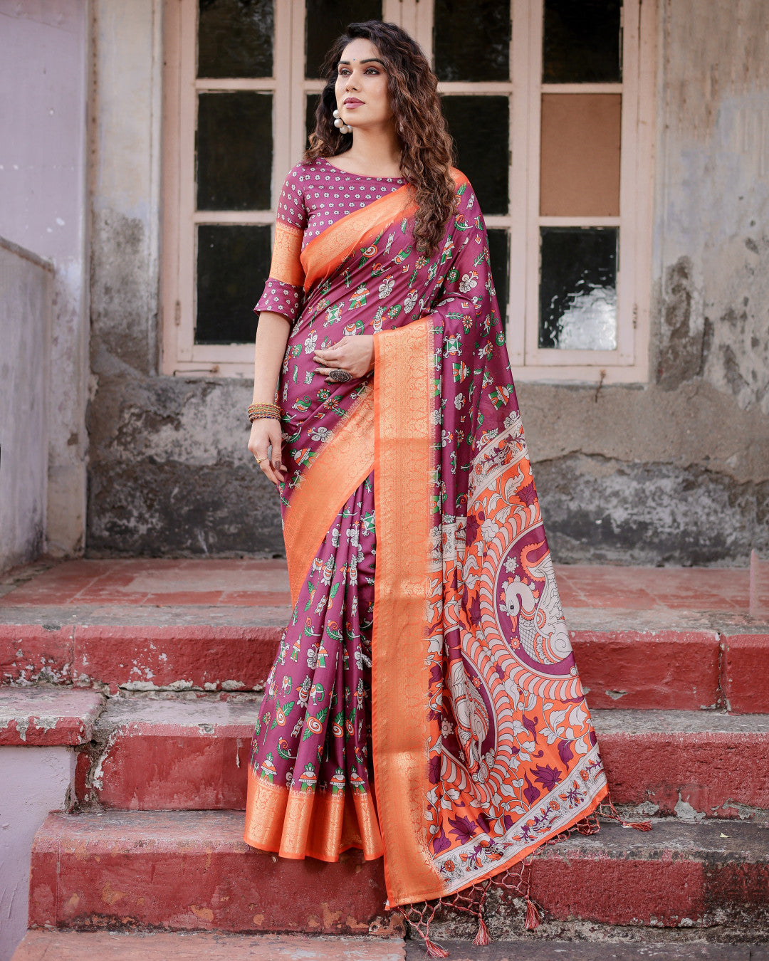 Magenta Kalamakari Digital Printed Tussar Silk Saree With Zari Motif Border