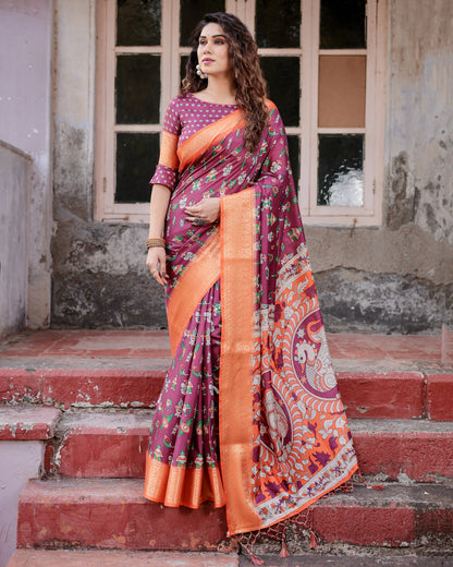 Magenta Kalamakari Digital Printed Tussar Silk Saree With Zari Motif Border