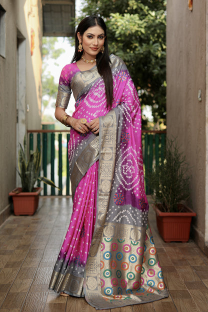 Multi Color Soft Bandhej Silk Saree With Zari Weaving Work