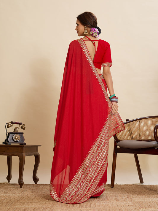 Red Soft Vichitra Silk Saree With Embroidery Work