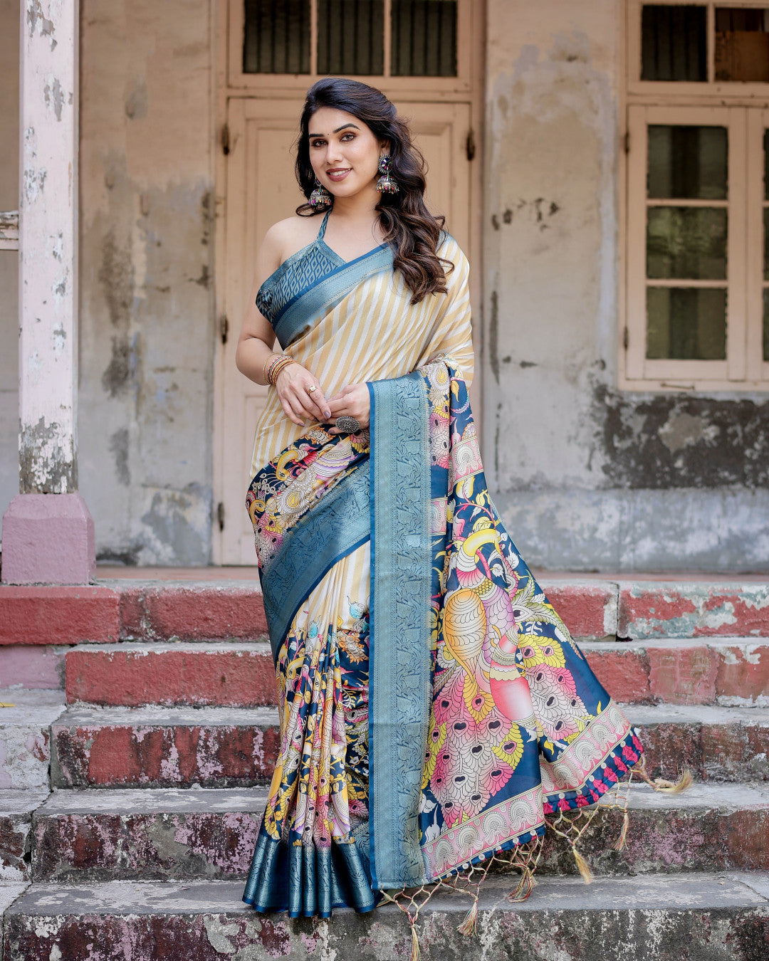 Multi Kalamkari Digital Printed Tussar Silk Saree With Zari Motif Border