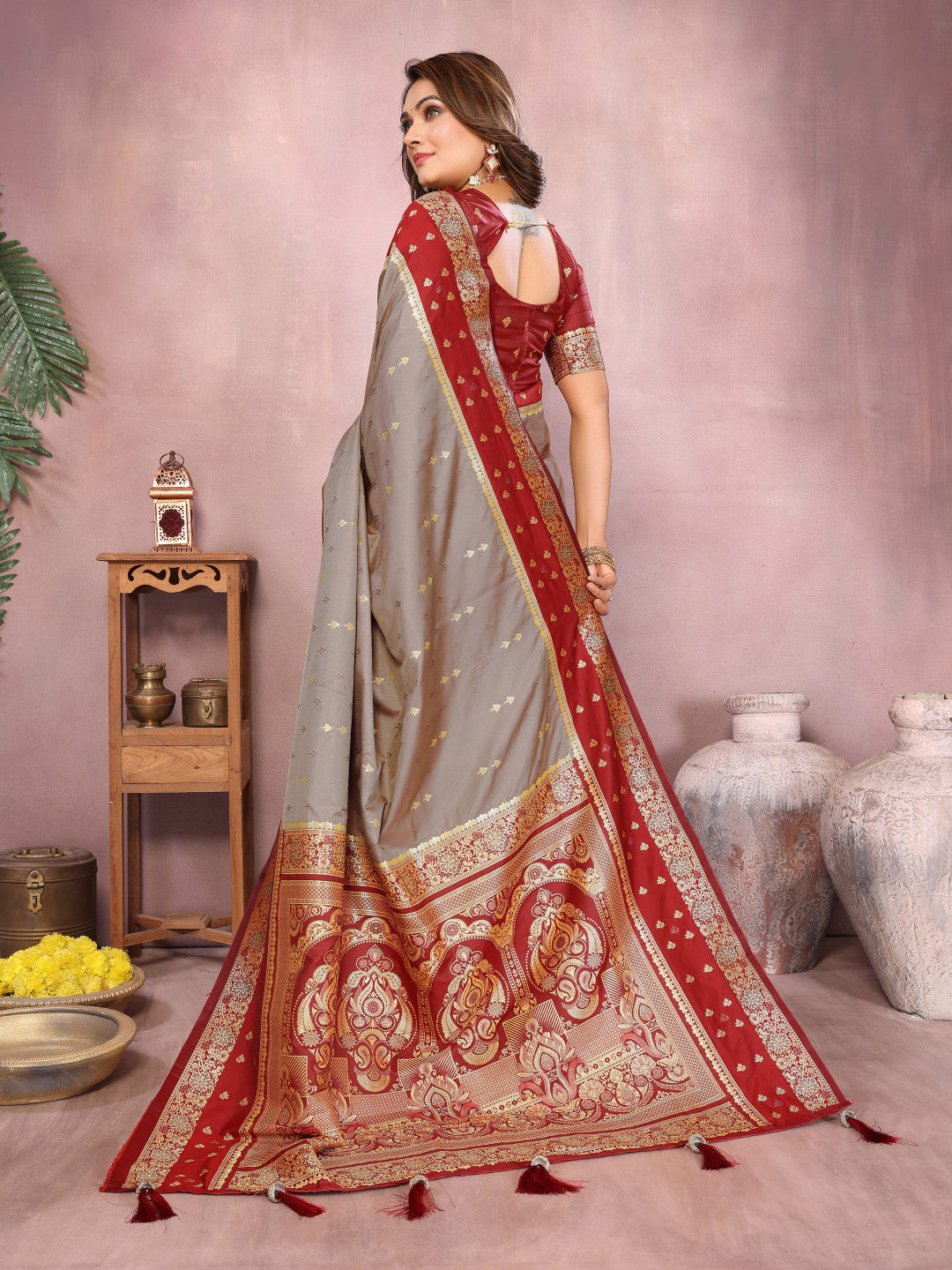 Gray Traditional Banarasi Silk Saree With Zari Weaving Work