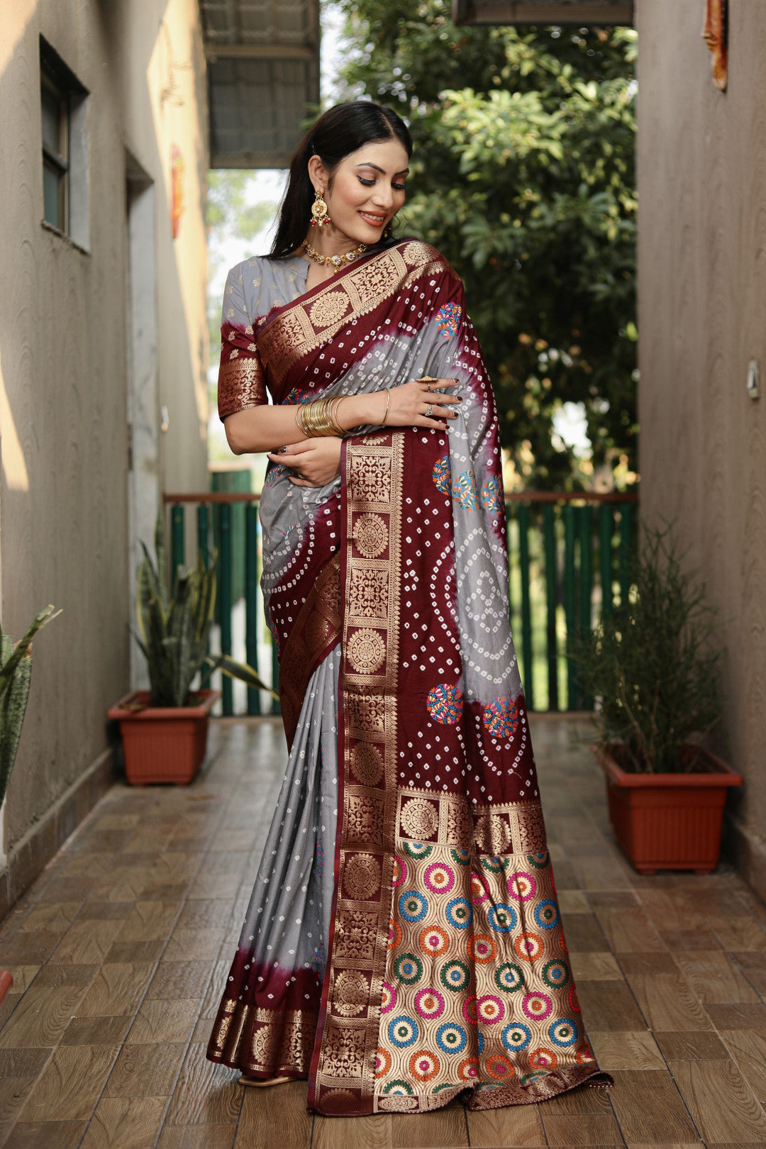 Multi Color Soft Bandhej Silk Saree With Zari Weaving Work