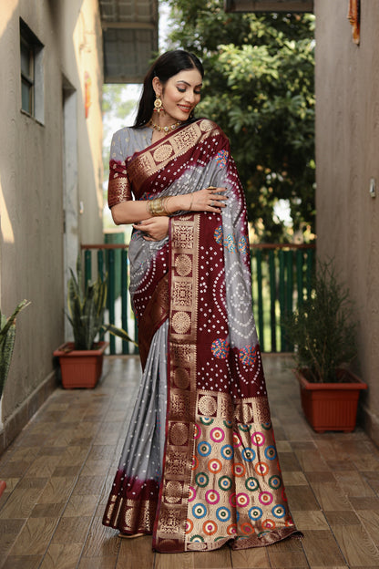 Multi Color Soft Bandhej Silk Saree With Zari Weaving Work