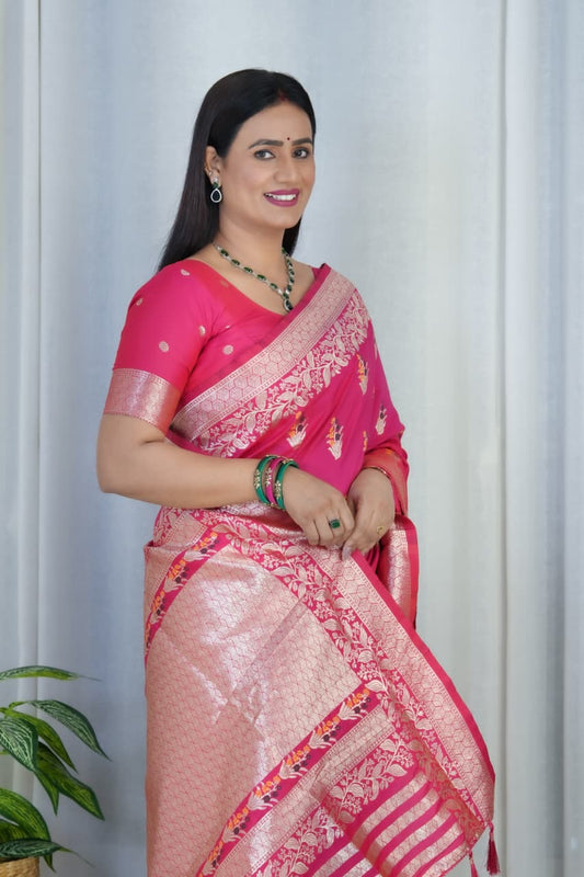 Pink Pure Soft Banarasi Saree With Meenakari Weaving Work