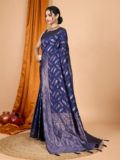 Navy Blue Traditional Banarasi Silk Saree With Zari Weaving Work