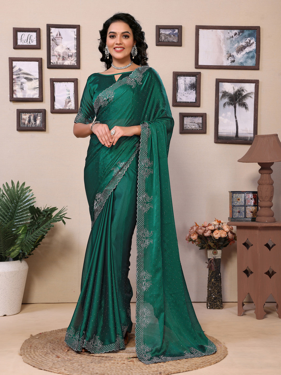 Fancy Green Rangoli Silk Saree With Diamond Work