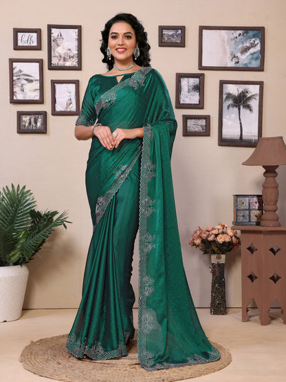 Fancy Green Rangoli Silk Saree With Diamond Work