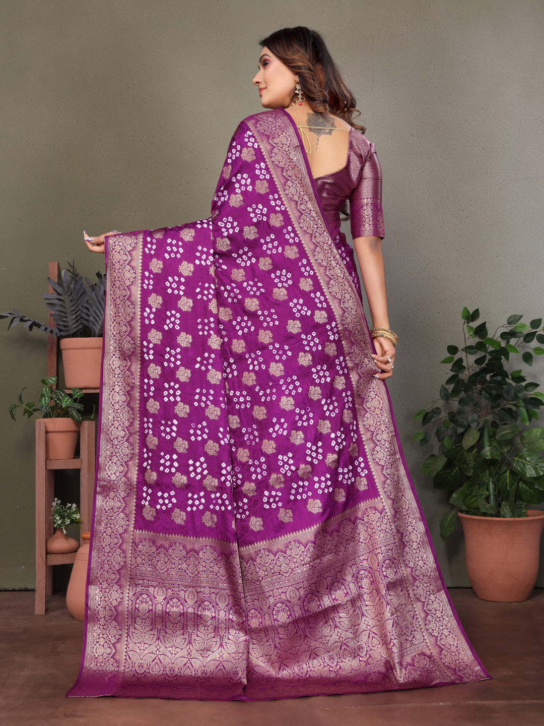 Magenta Premium Bandhej Silk Saree With Zari Weaving Work