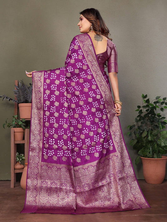 Magenta Premium Bandhej Silk Saree With Zari Weaving Work