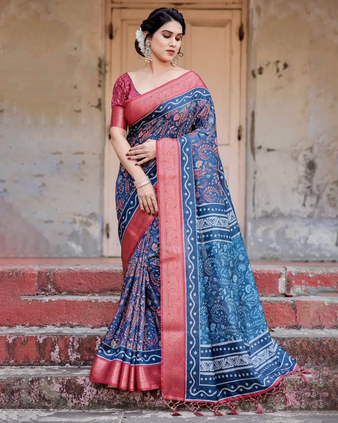 Navy Blue Digital Kalamkari Printed Tussar Silk Saree With Zari Motif Border