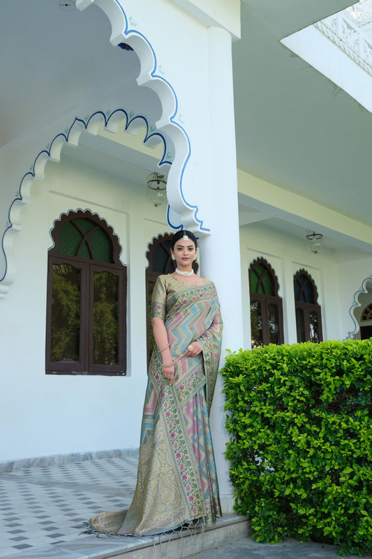 Gray Color Soft Organza Silk Saree With Zari Weaving Work