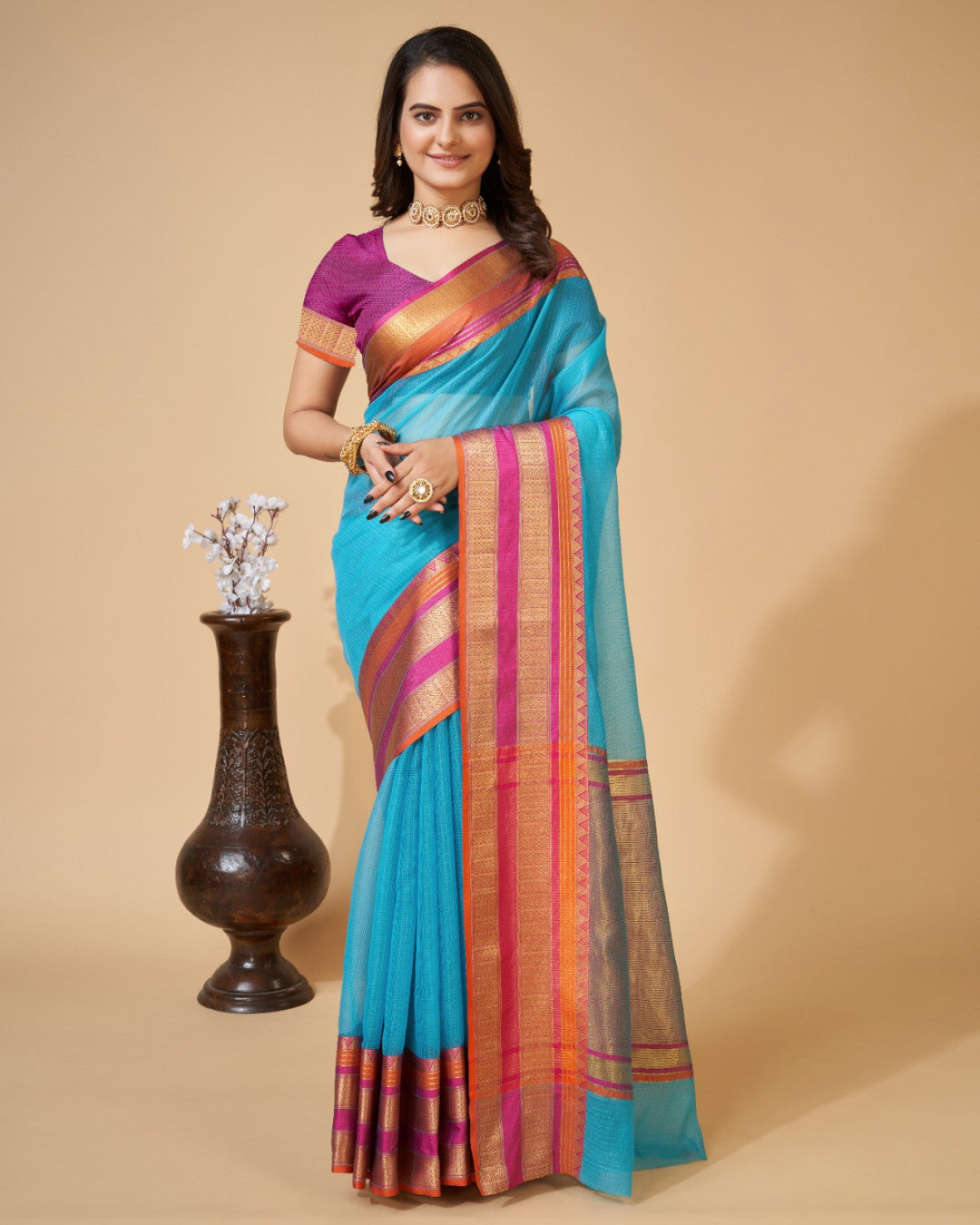 Firoji Color Kota Doriya Saree With Zari Weaving Work