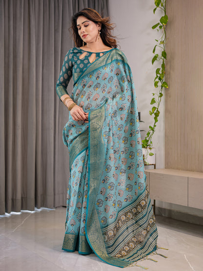 Kalamkari Digital Printed Linen Cotton Saree