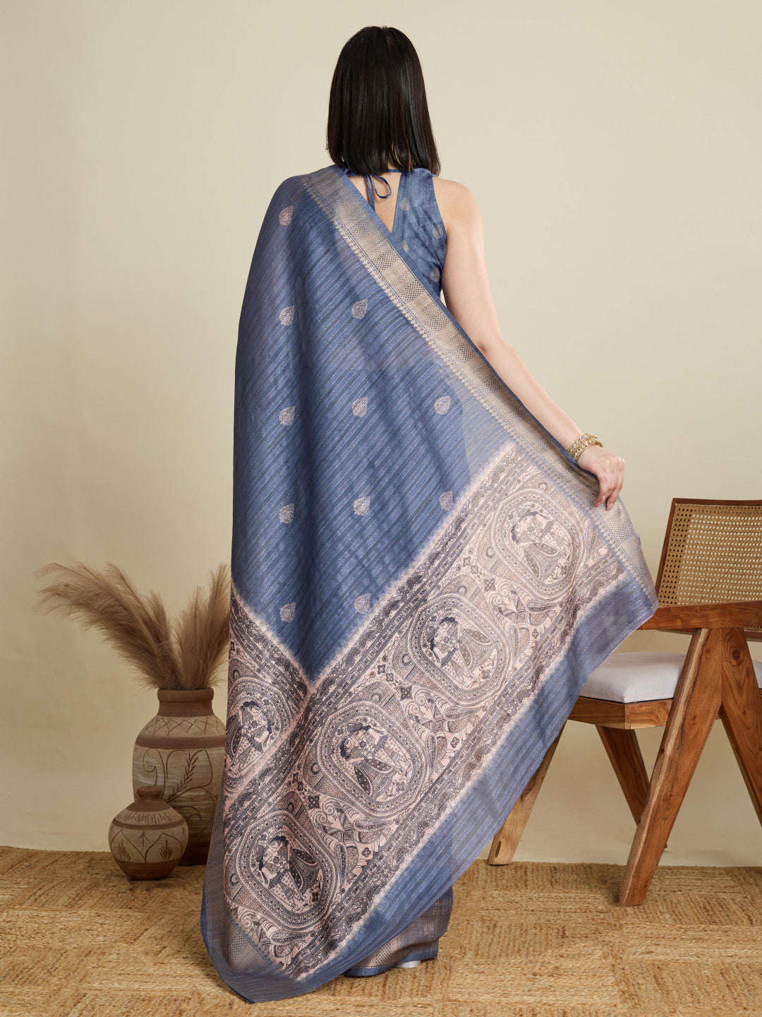 Gray Soft Cotton Saree With Kalamkari Digital Printed Pallu & Zari Border