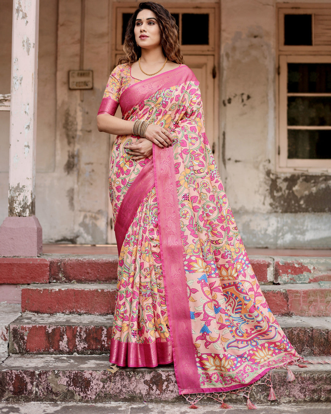Multi Kalamkari Digital Printed Dola Silk Saree With Gold Zari Border
