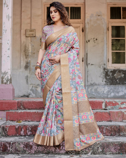 Lavender Kalamkari Digital Printed Dola Silk Saree With Gold Zari Border