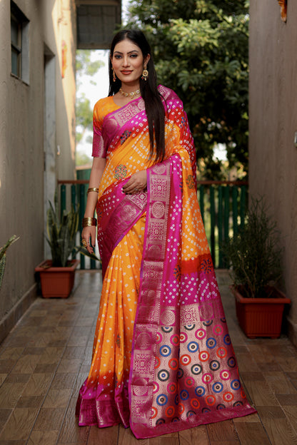 Multi Color Soft Bandhej Silk Saree With Zari Weaving Work