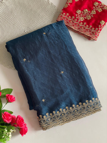 Morpeach Fancy Space Silk Saree With Embroidery & Moti Work