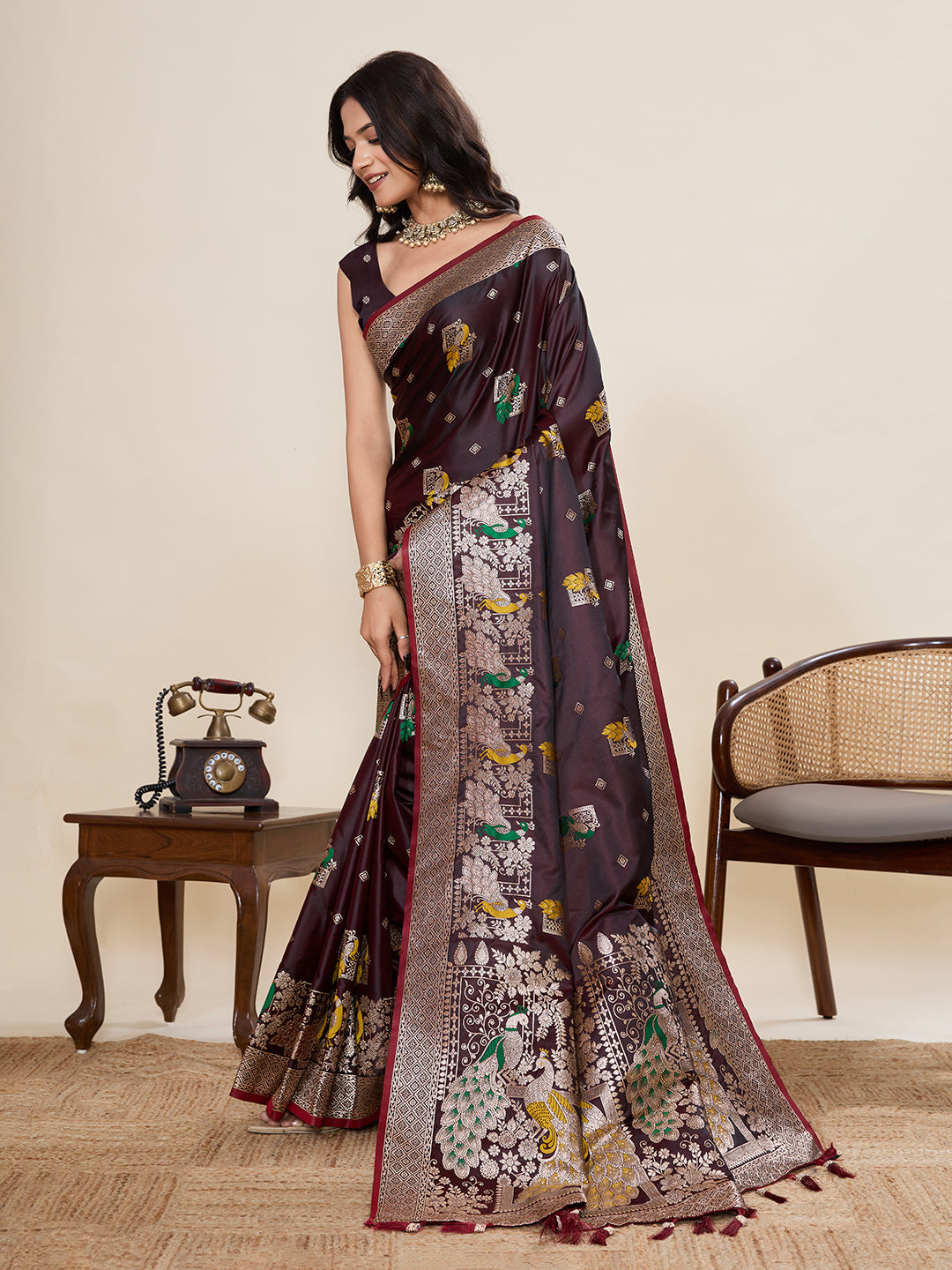 Maroon Soft Satin Silk Saree With Zari Weaving Work And Paithani Pallu