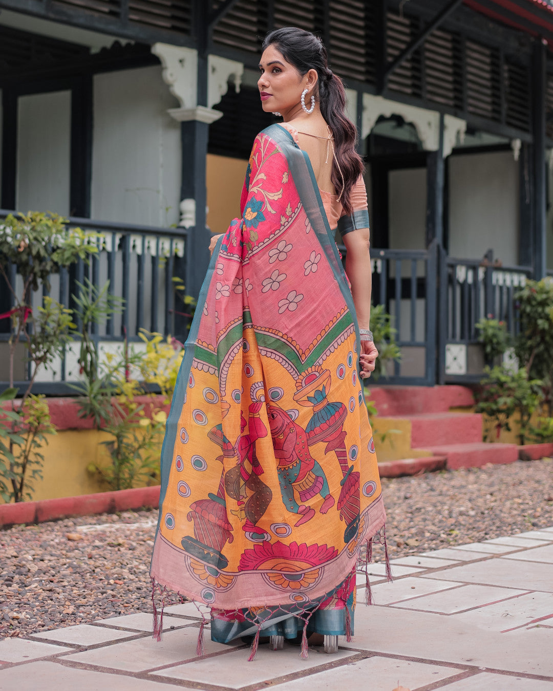 Pink Soft Linen Cotton Saree With Kalamkari Digital Printed Work
