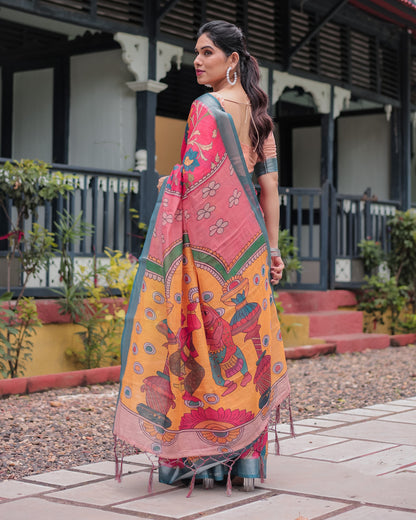 Pink Soft Linen Cotton Saree With Kalamkari Digital Printed Work
