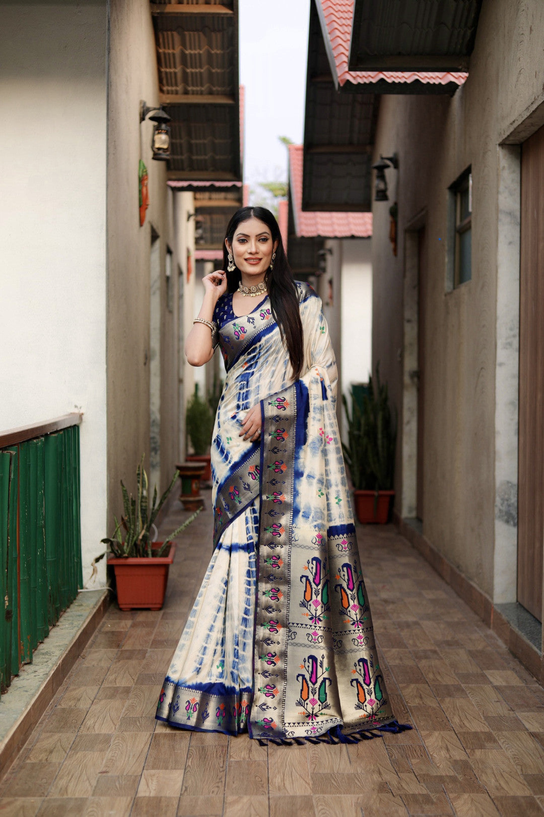 Navy Blue Color Dola Silk Saree With Shibori Print & Zari Weaving Work