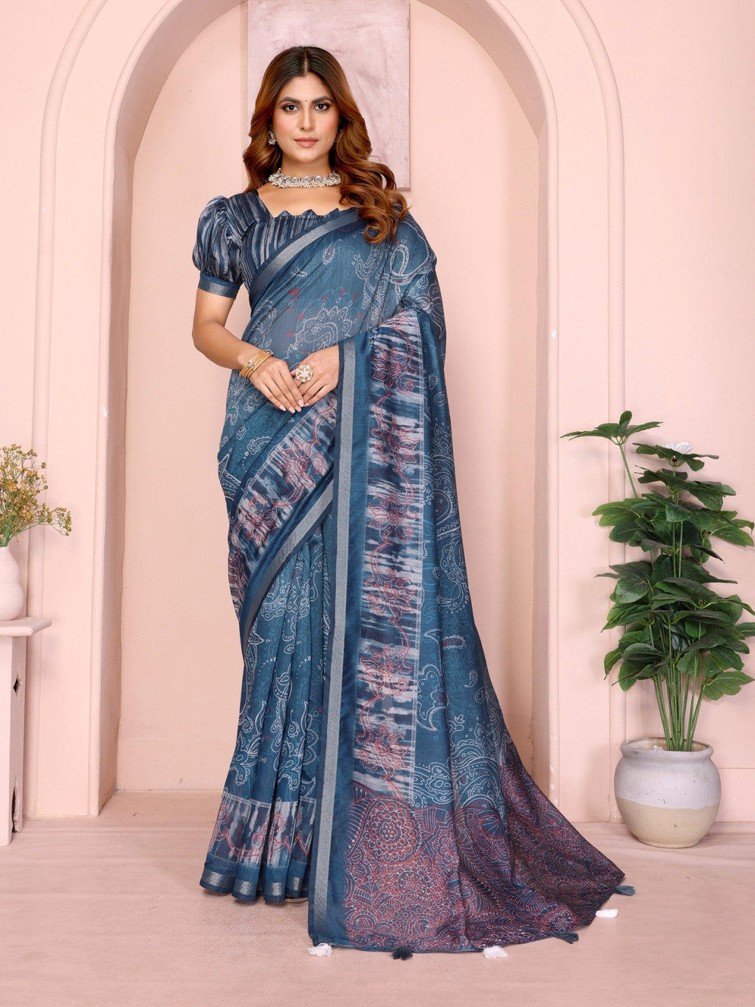 Blue Colour Chanderi Cotton Saree With Digital Printed Work