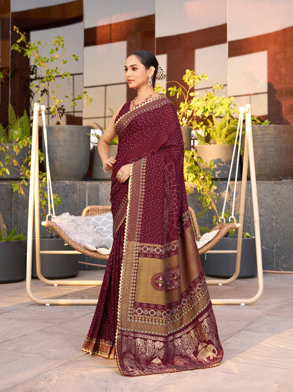 Maroon Stylist Soft Cotton Saree With Unique Table Printed & Lace Border