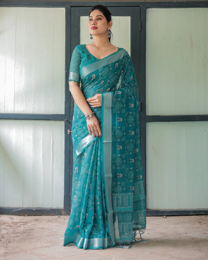 Rama Green Soft Linen Cotton Saree With Digital Printed Work